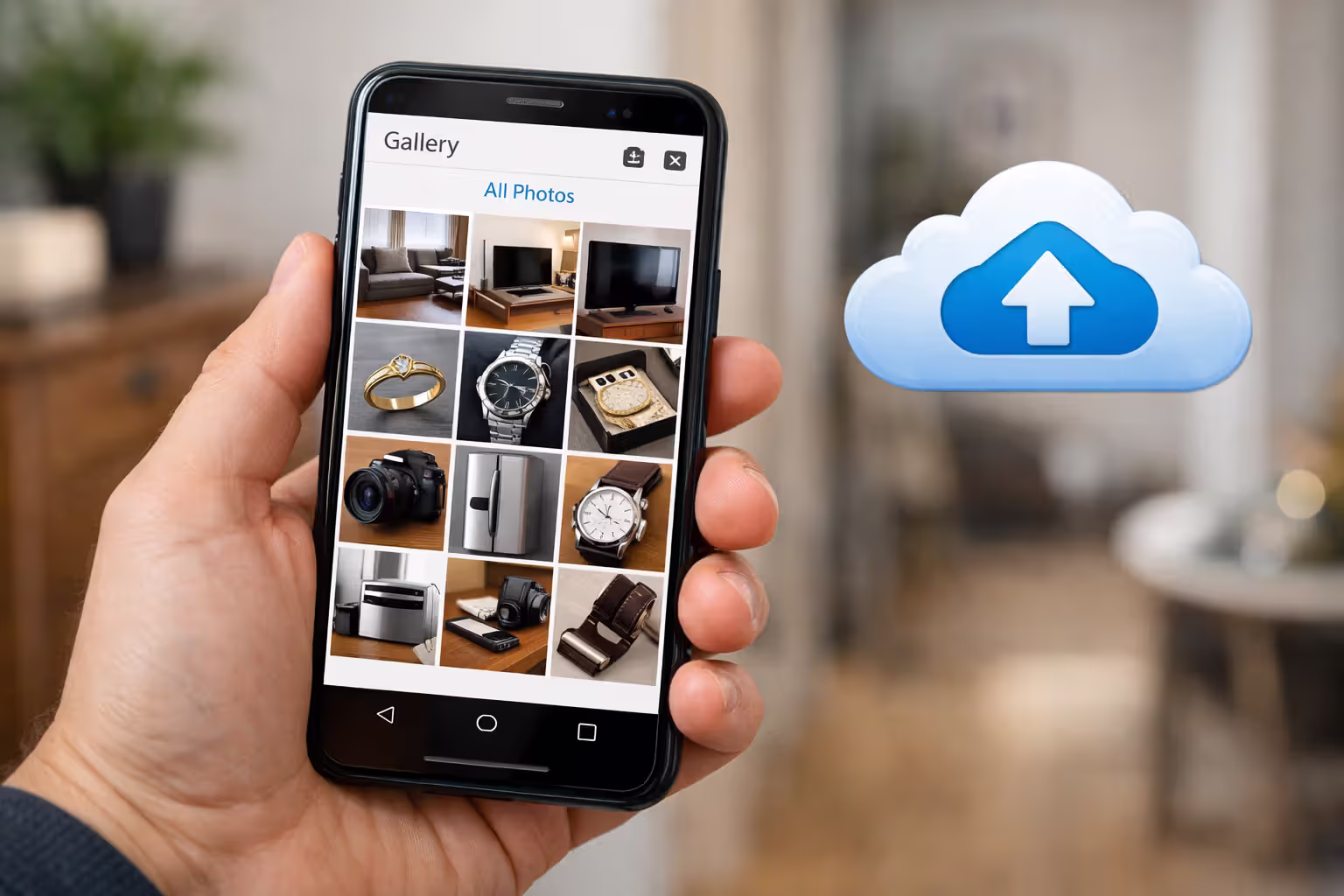 Homeowner photographing furniture, electronics, and valuables with smartphone for home inventory documentation with cloud storage icon