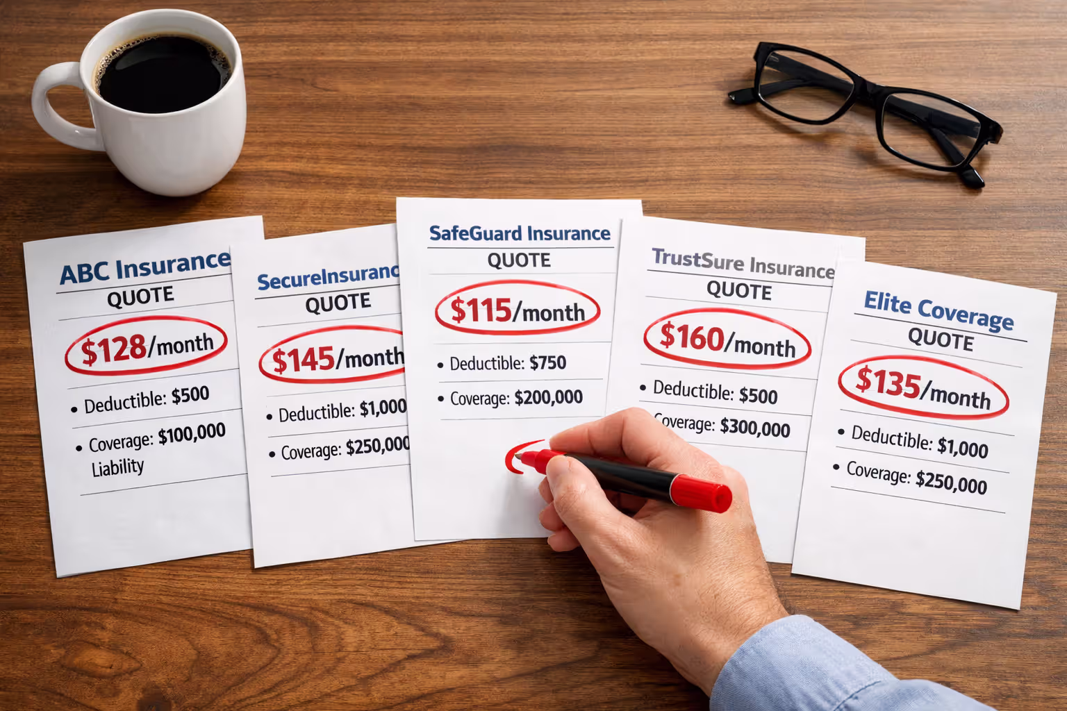 Desk with five printed insurance quotes laid out side by side, hand highlighting key numbers with a marker, coffee cup and glasses nearby