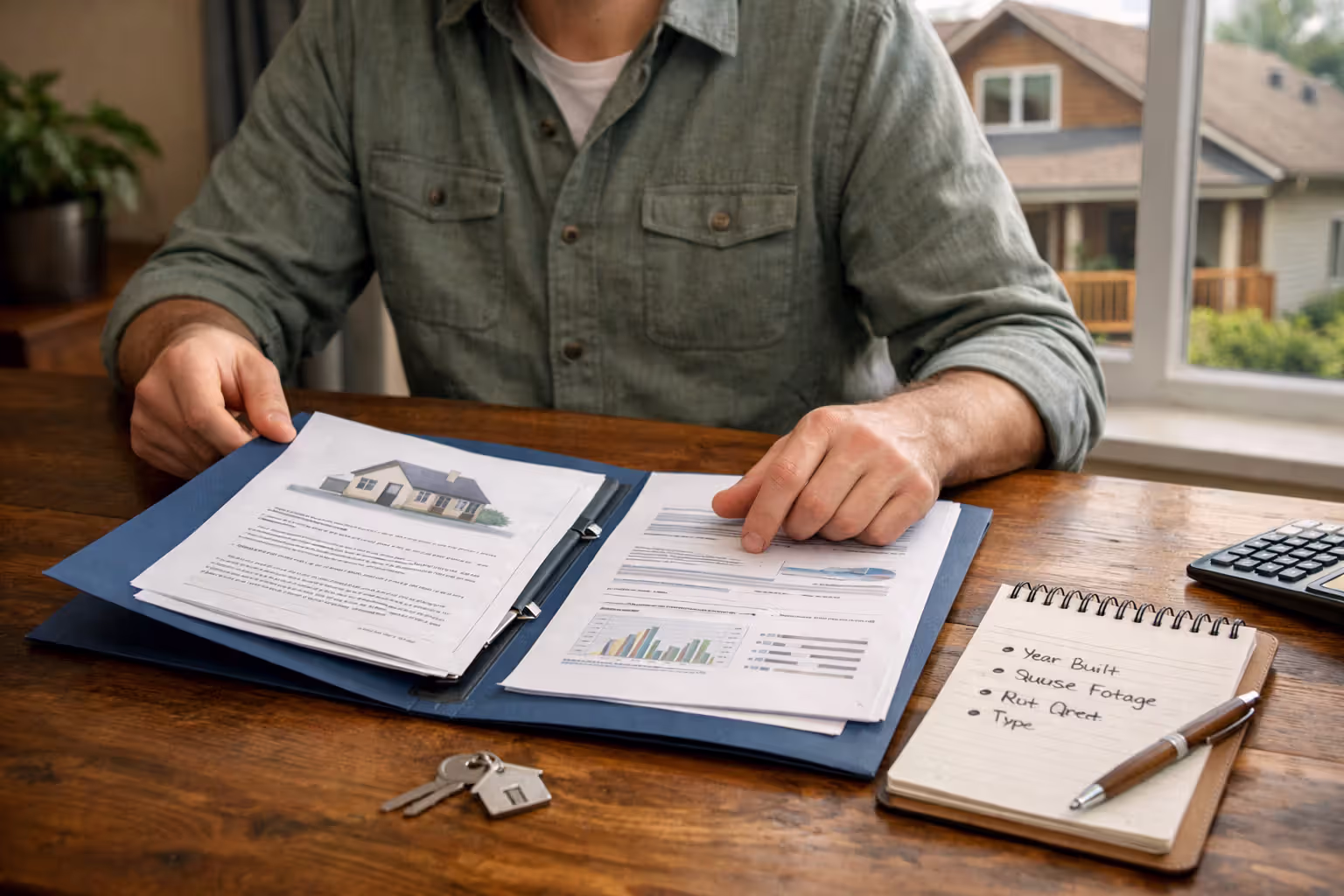 Person organizing home documents and property details at desk for insurance quote preparation