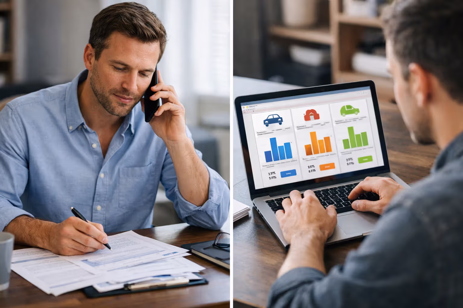 Split view comparing insurance shopping methods: phone call with agent and online quote comparison on laptop