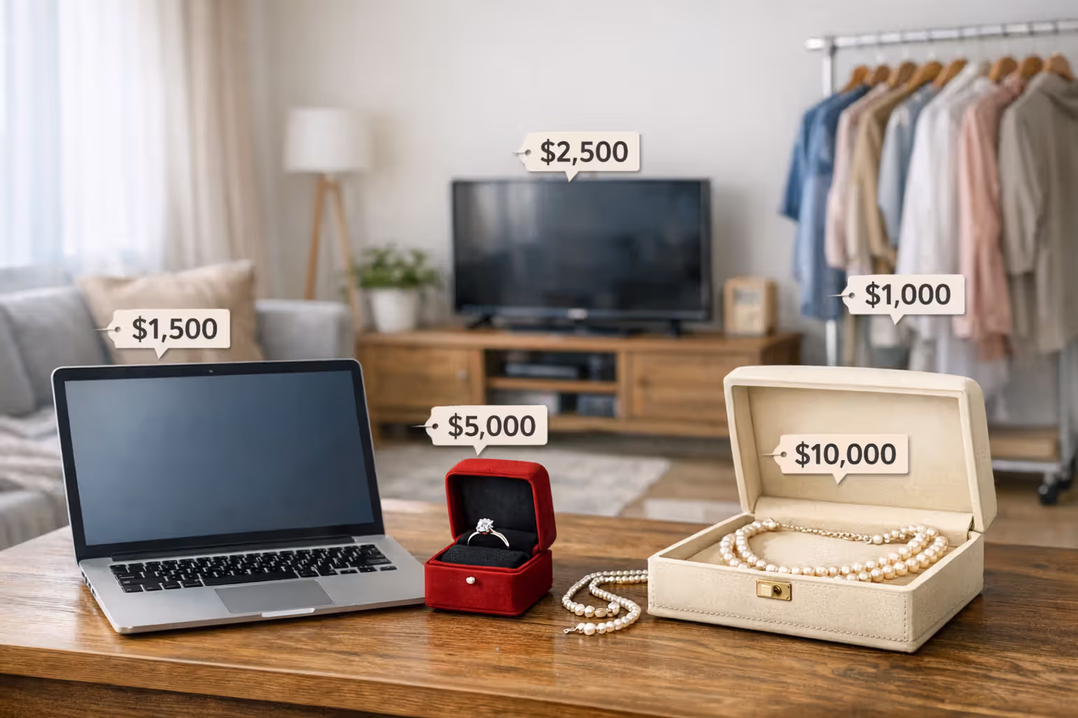 Living room interior with laptop jewelry box furniture and electronics each showing insurance coverage limit price tags