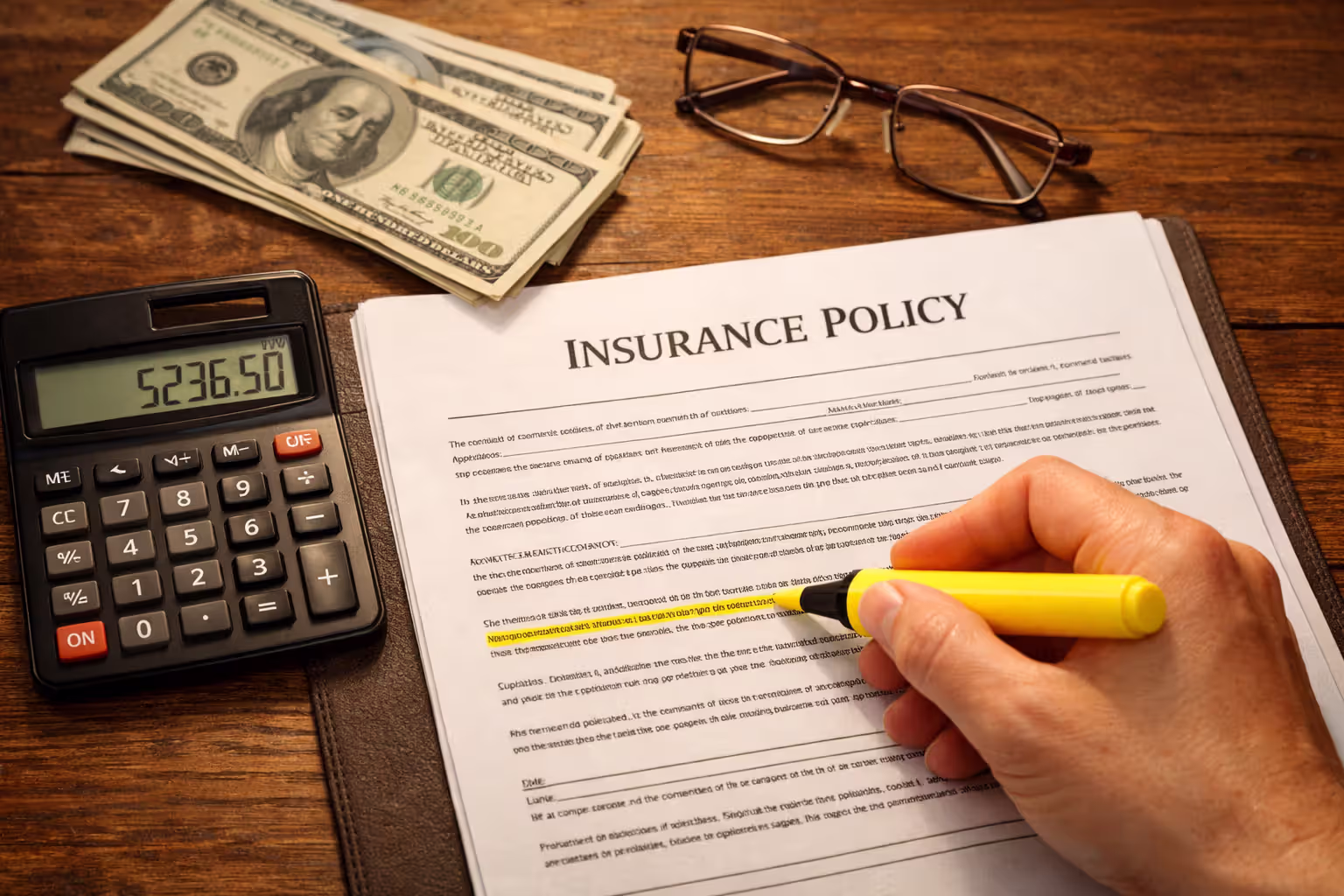 Insurance policy document on wooden desk with calculator dollar bills and reading glasses hand highlighting deductible line top view