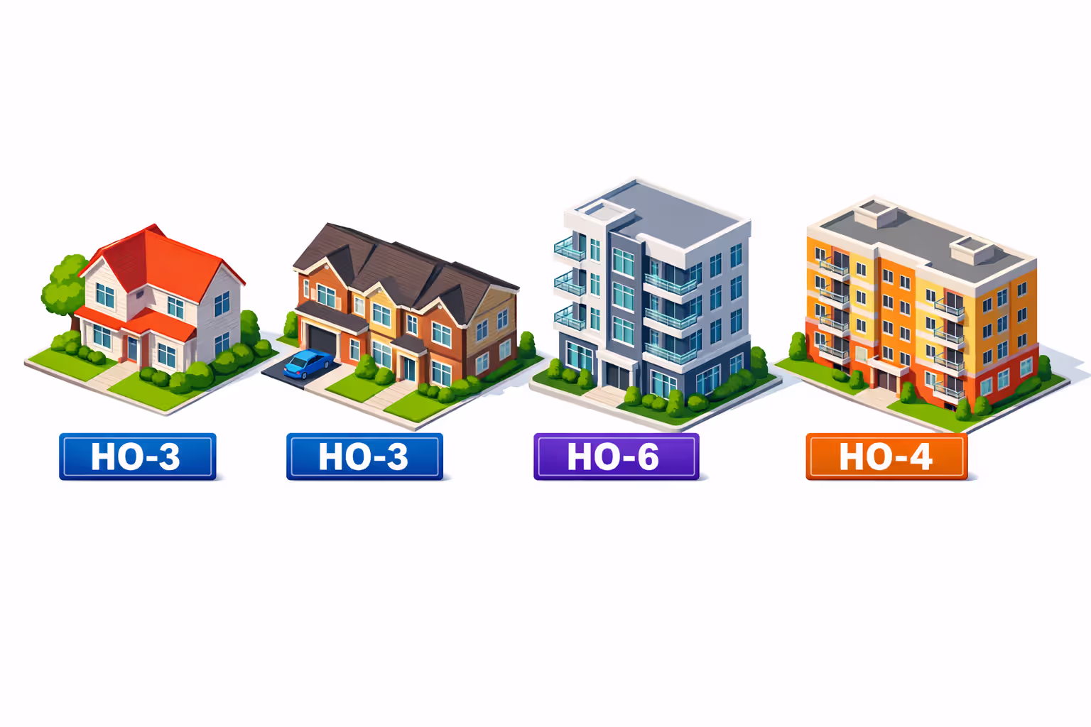 Four housing types in row single family house townhouse condo unit and apartment building each labeled with policy type HO-3 HO-6 HO-4 isometric style