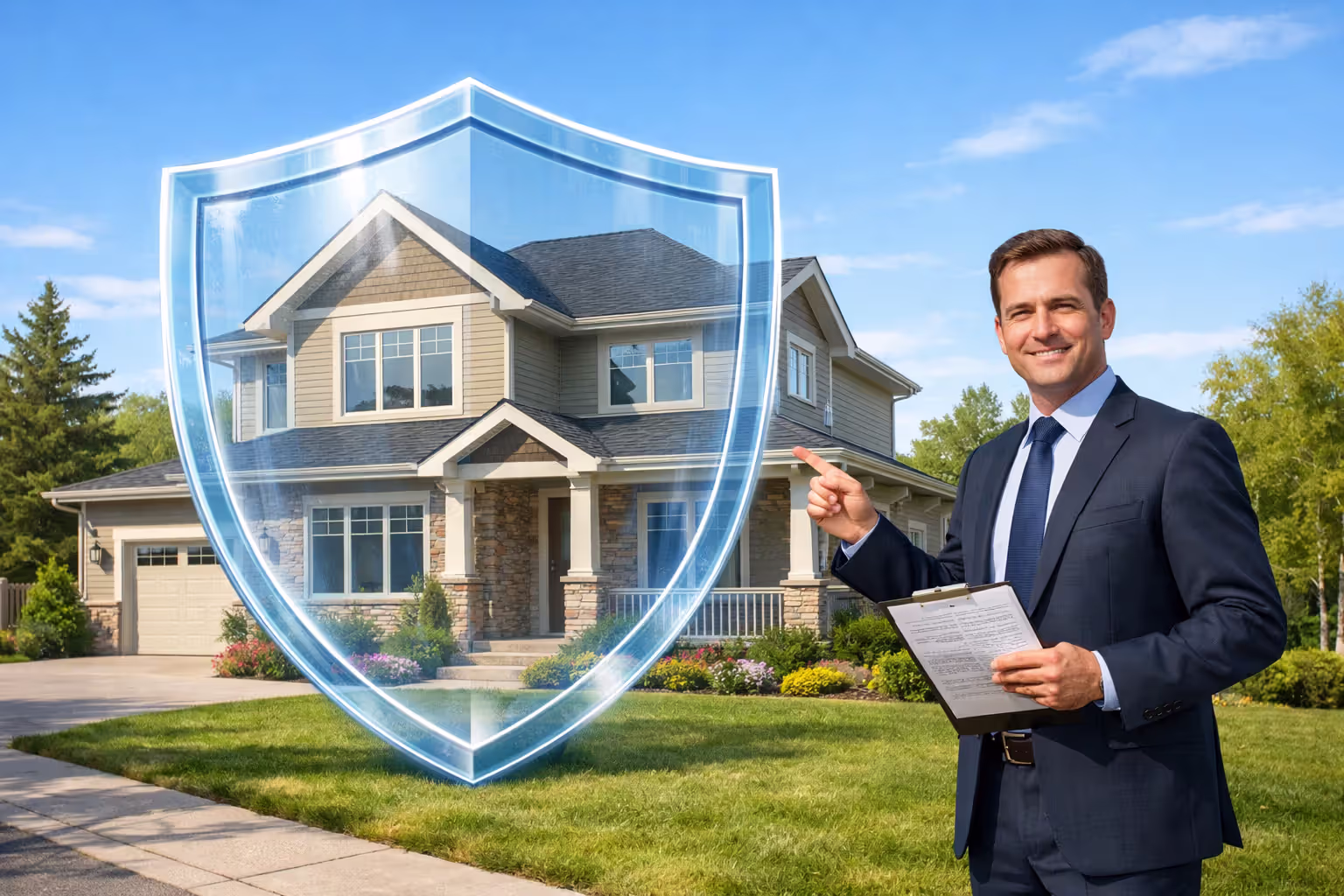 Suburban house protected by transparent insurance shield with businessman holding mortgage document