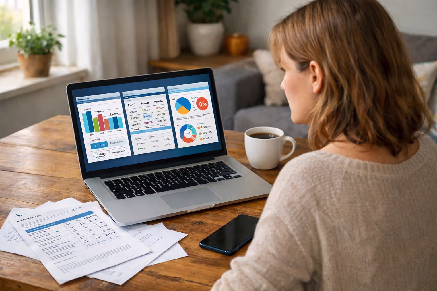 Woman comparing homeowners insurance quotes on laptop at home desk with printed documents and coffee