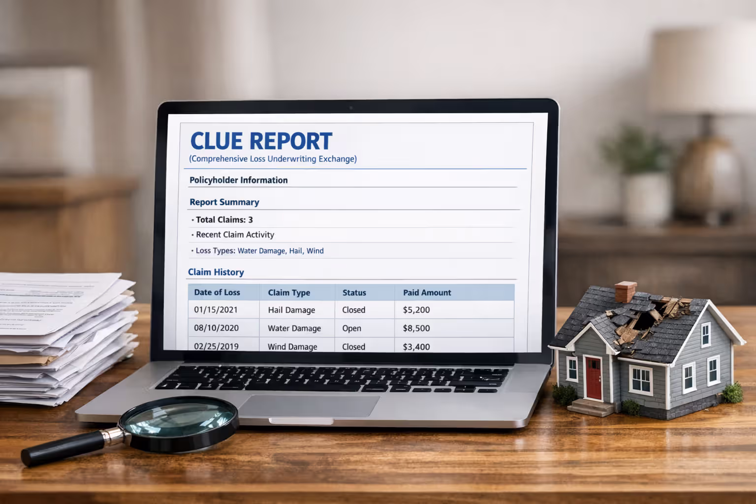 Laptop screen displaying a CLUE insurance claims report next to documents, magnifying glass, and a small house model with roof damage