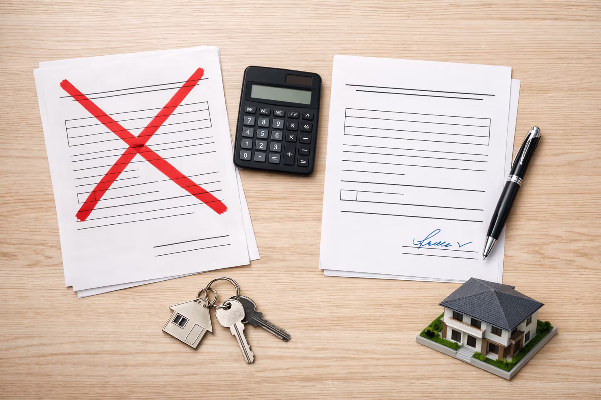 Two homeowners insurance policy documents on a wooden desk with a house model, keys, calculator, and pen, one policy crossed out and one signed