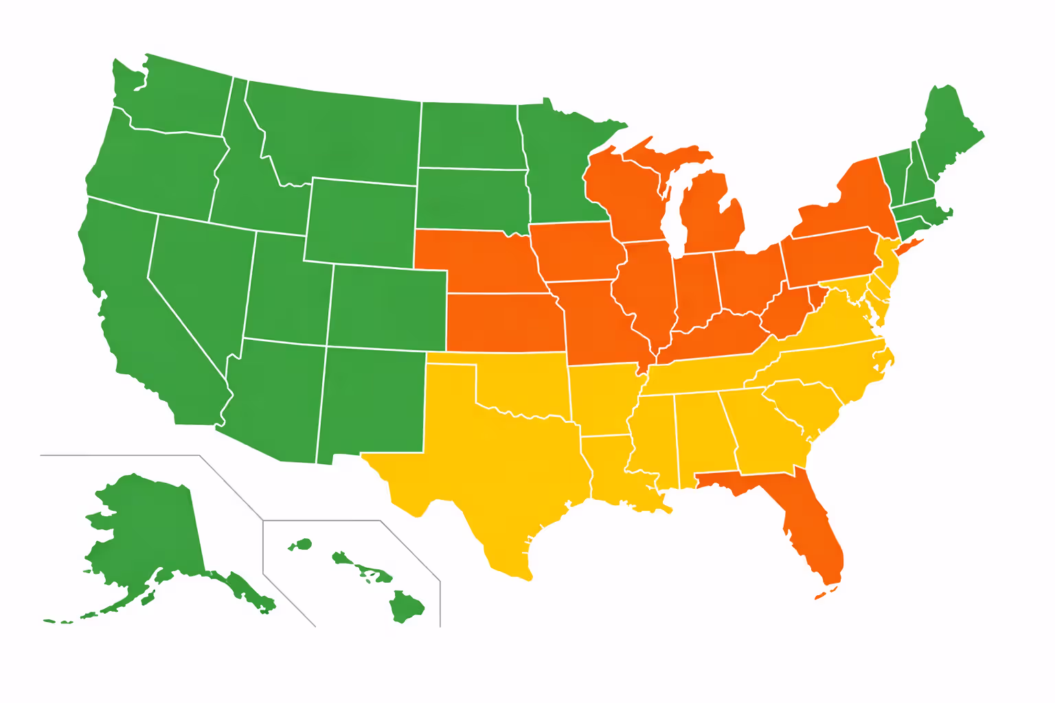 Color-coded map of United States showing different homeowners insurance cancellation regulations by state