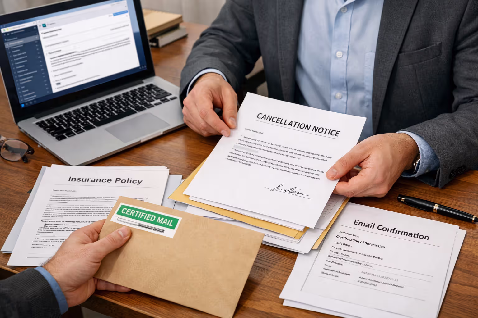 Person organizing insurance cancellation documents including certified mail envelope and printed confirmation at office desk