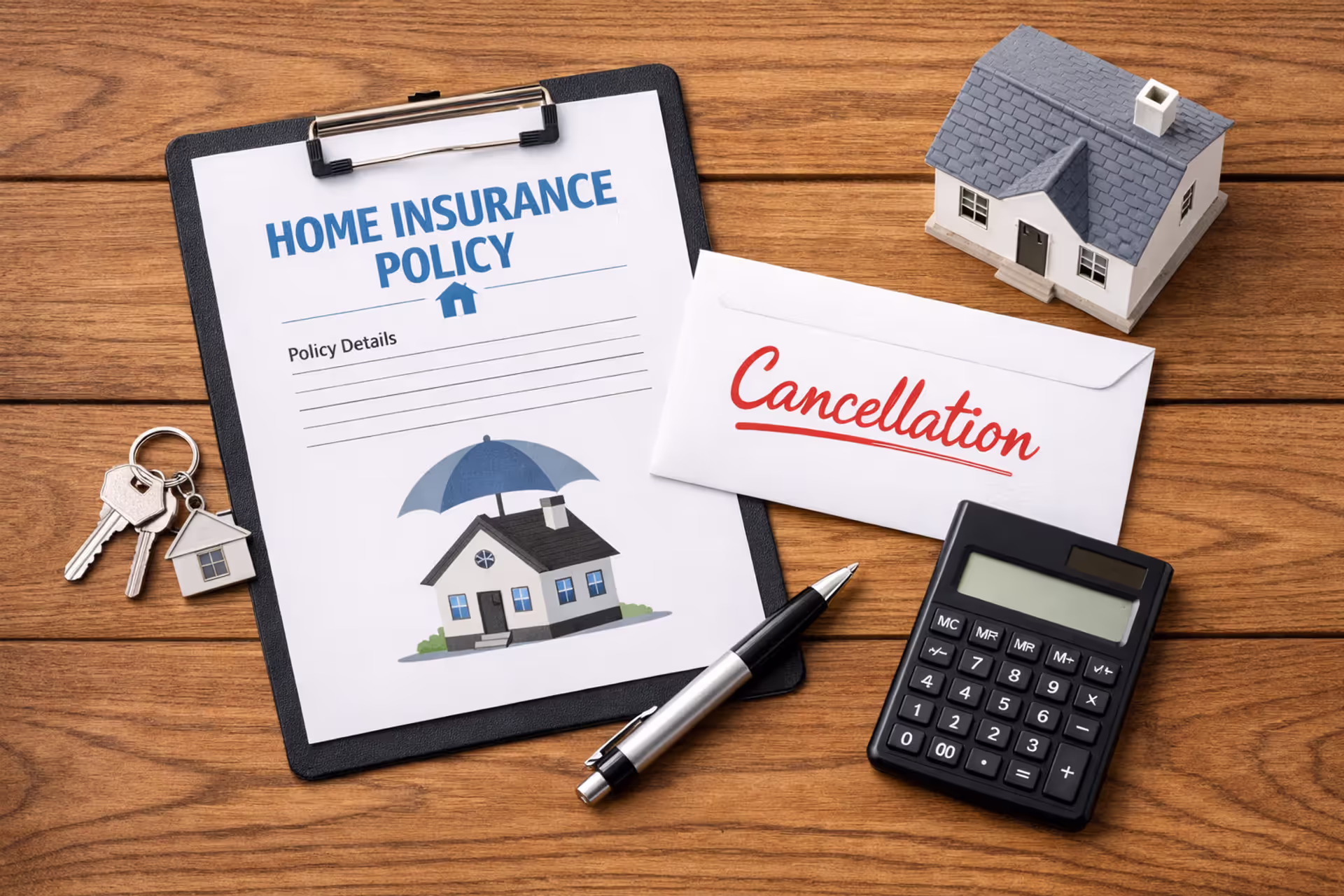 Flat lay of homeowners insurance policy document, cancellation letter, house keys, calculator, and small house model on wooden desk