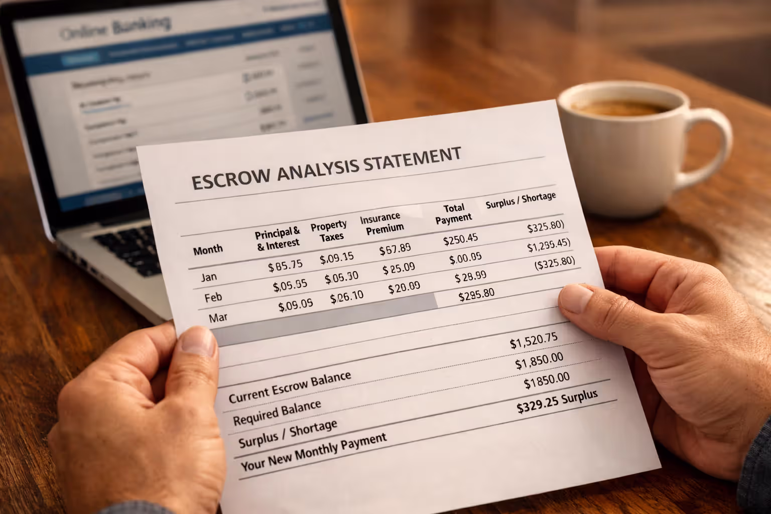 Hands holding an escrow analysis statement showing insurance premium and surplus shortage lines with laptop and coffee in background