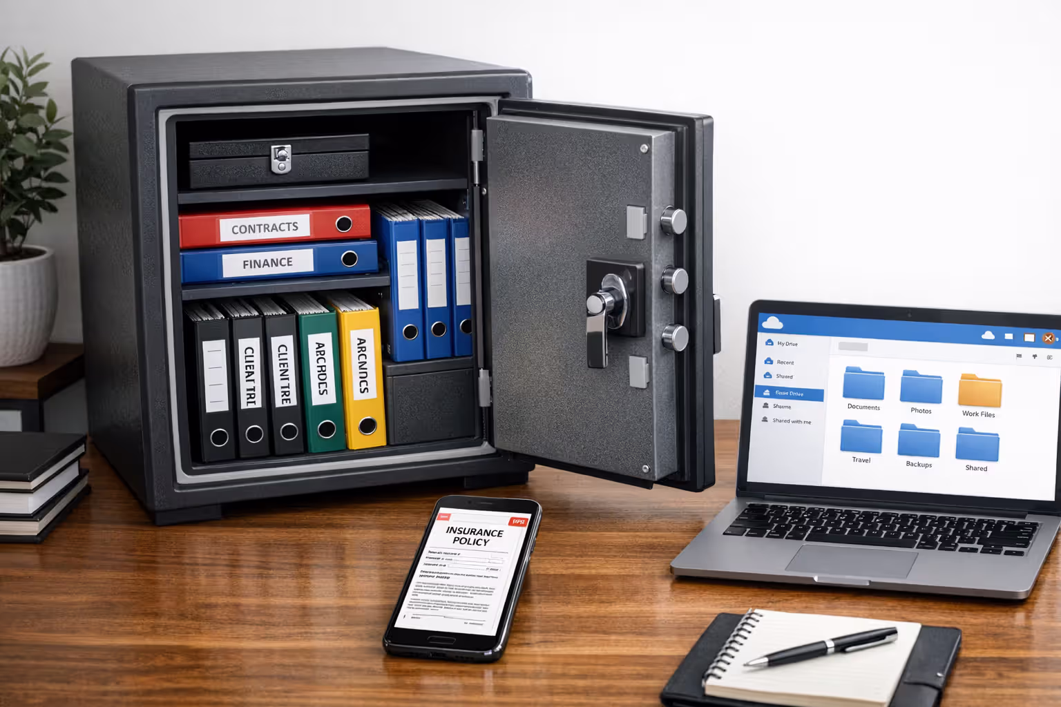 Organized document storage system with open fireproof safe containing folders, smartphone displaying insurance policy PDF, and laptop showing cloud storage interface