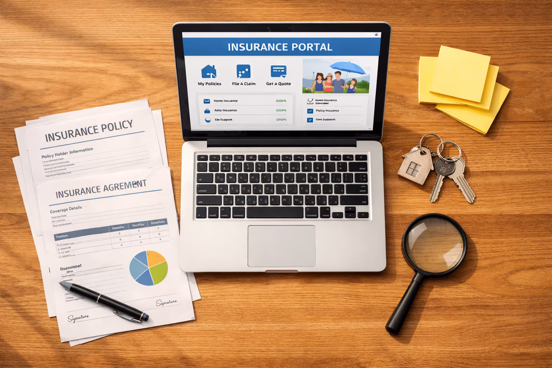 Top-down view of a desk with homeowners insurance policy documents, laptop showing insurance portal, house keys, magnifying glass, and sticky notes
