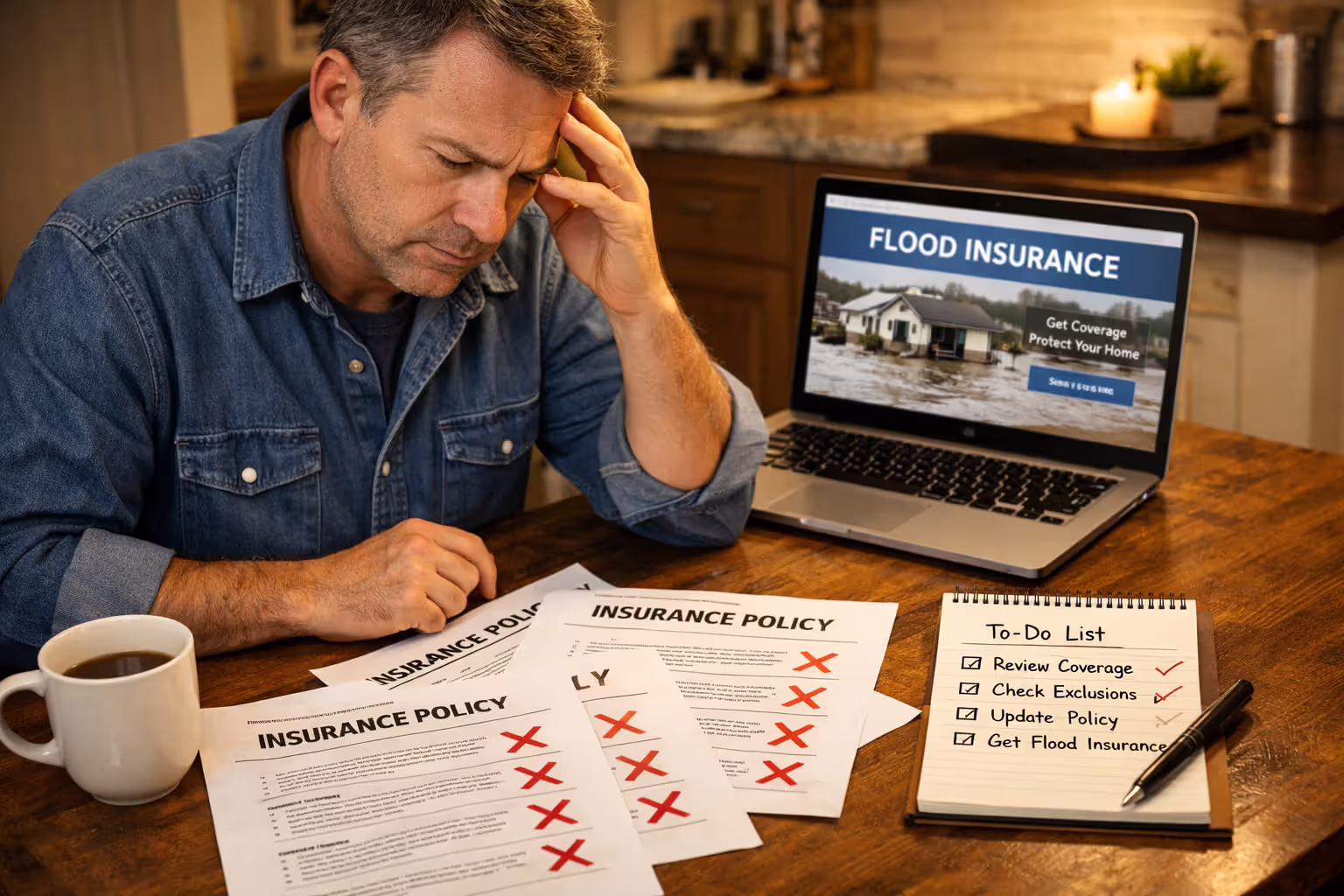 Homeowner reviewing insurance policy exclusions at kitchen table with checklist and laptop