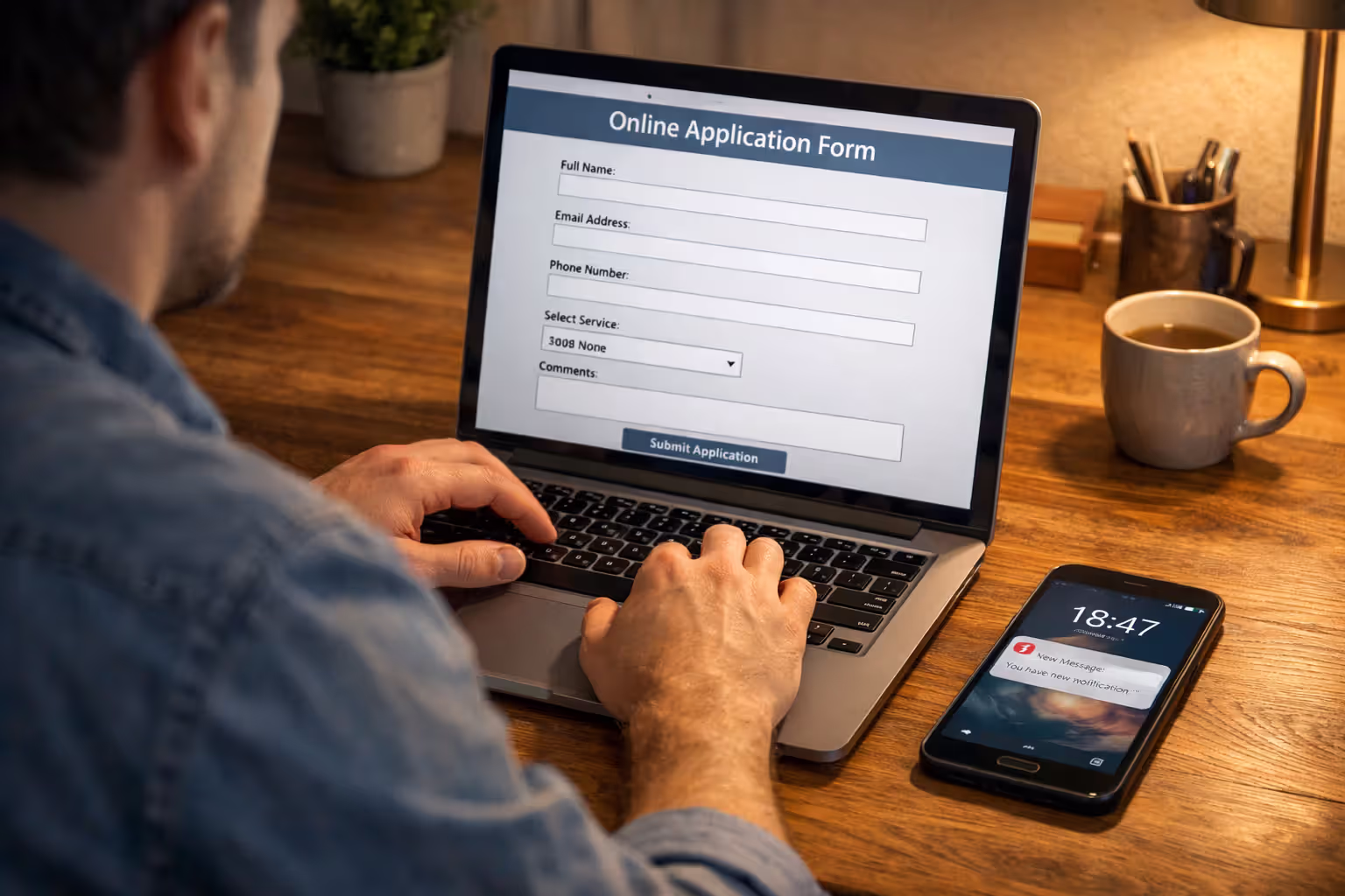 Person sitting at laptop submitting online insurance cancellation form with confirmation letter and smartphone notification on desk