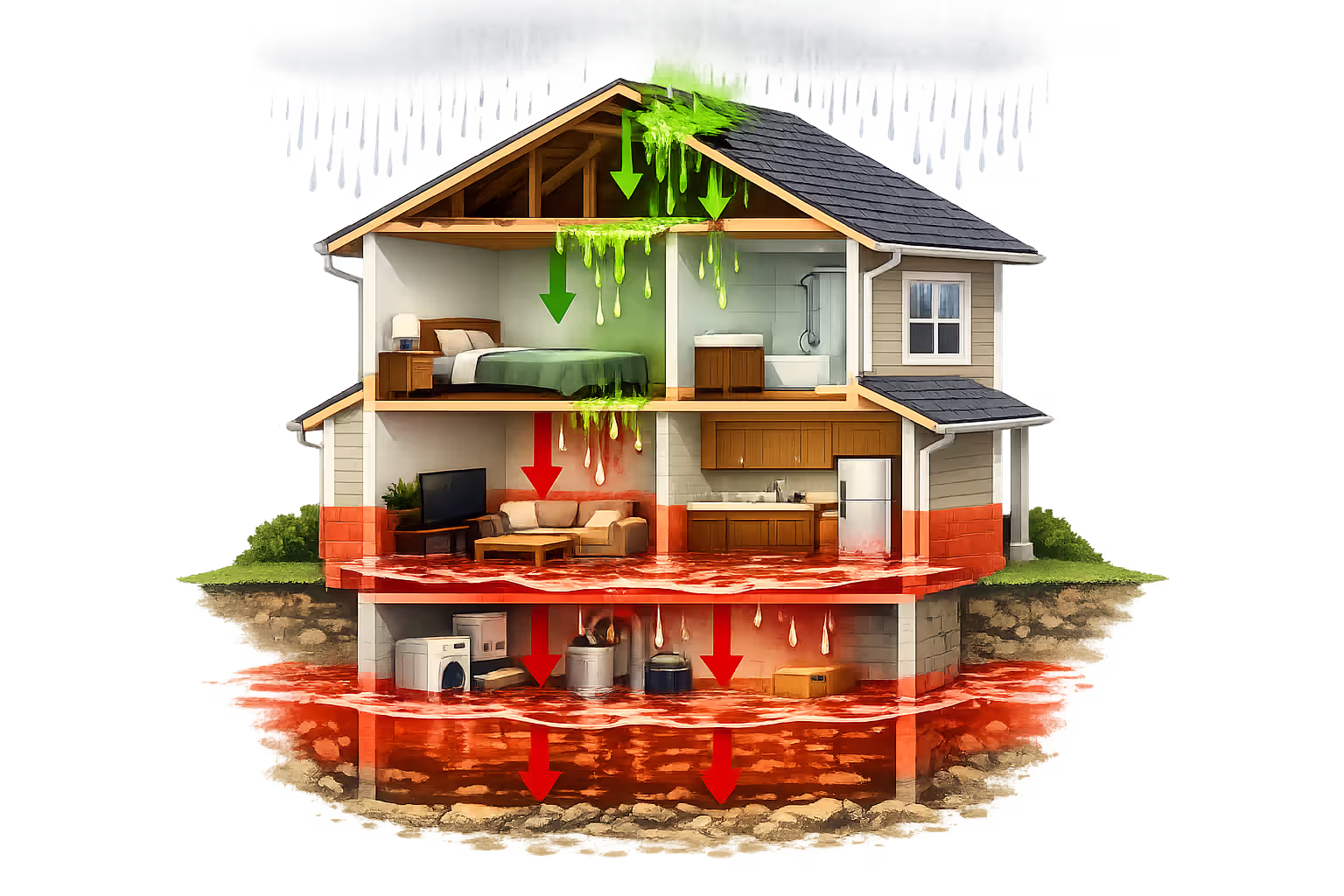 Cross-section diagram of a house showing roof water damage covered by homeowners insurance versus rising floodwater excluded from coverage