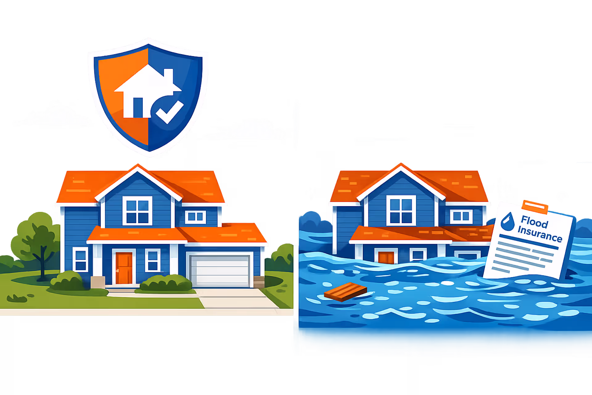 Split-screen comparing homeowners insurance and separate flood insurance policy for a suburban house surrounded by floodwater