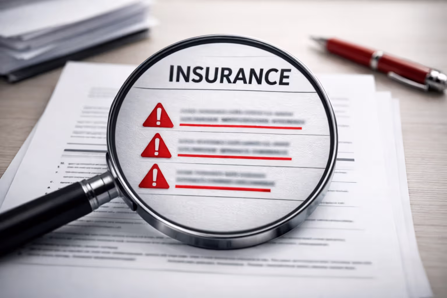 Magnifying glass over insurance document highlighting potential errors and coverage gaps