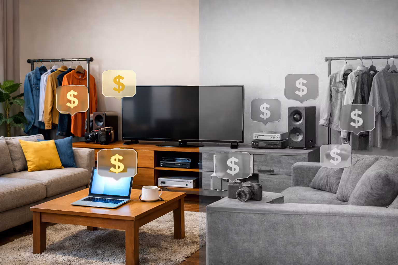 Living room with household belongings showing contrast between full value and depreciated value of personal property