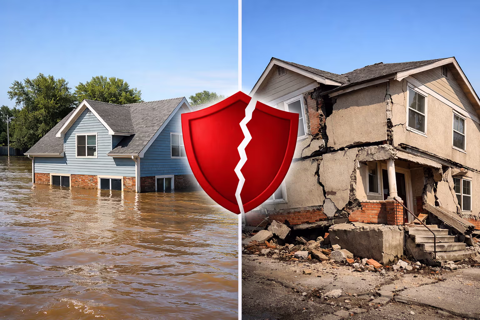 Split view of a flooded house and earthquake-damaged house representing standard policy exclusions