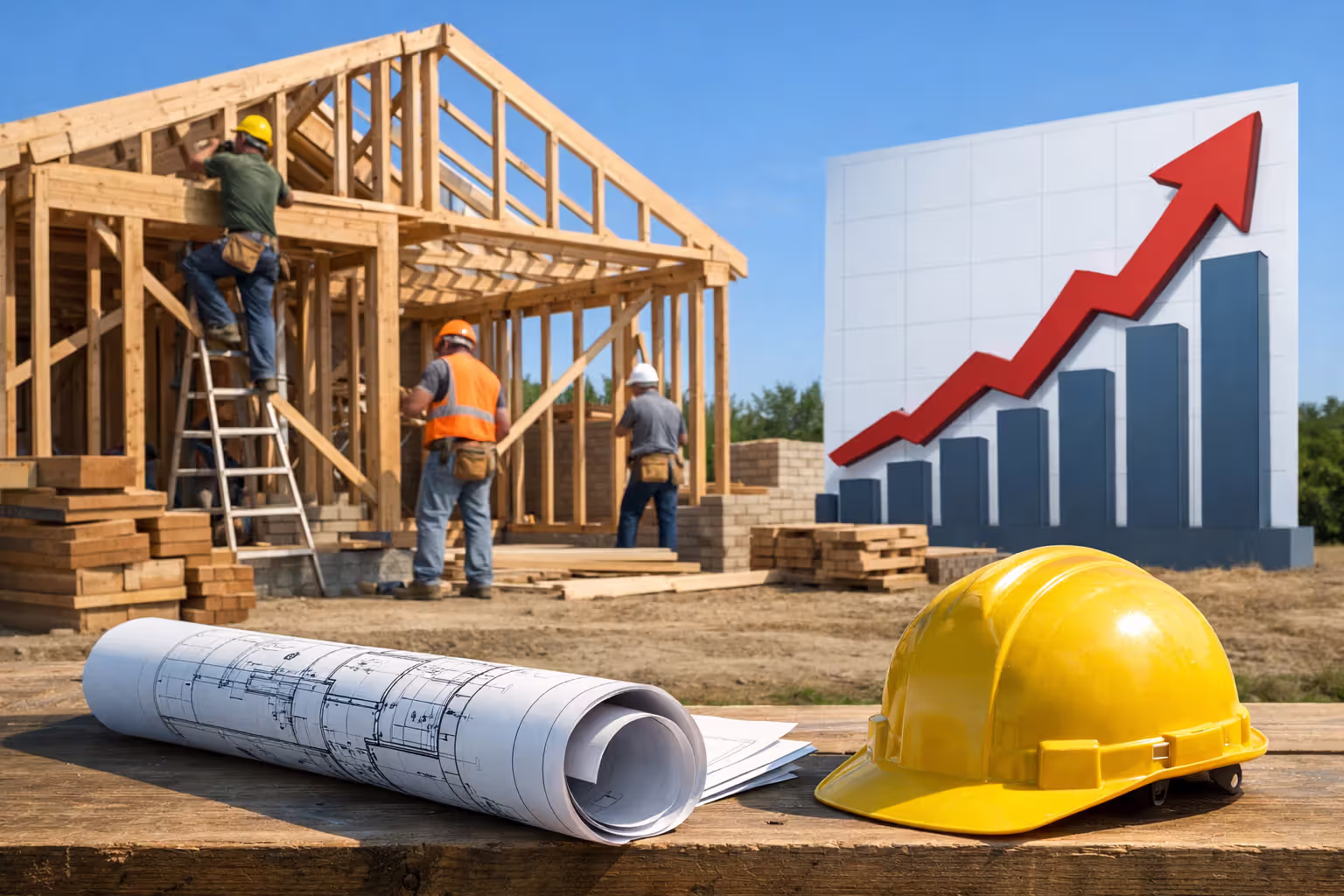 House under reconstruction at a construction site with rising cost graph and building materials