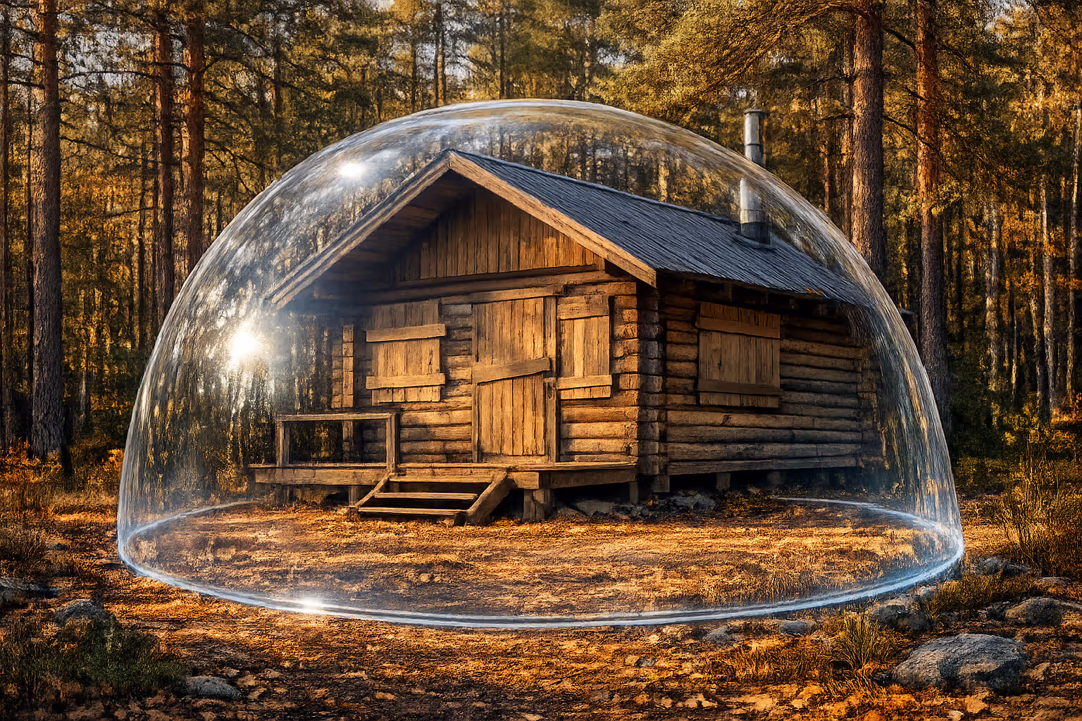 Vacant wooden cabin in pine forest with closed shutters representing seasonal property needing basic fire insurance coverage