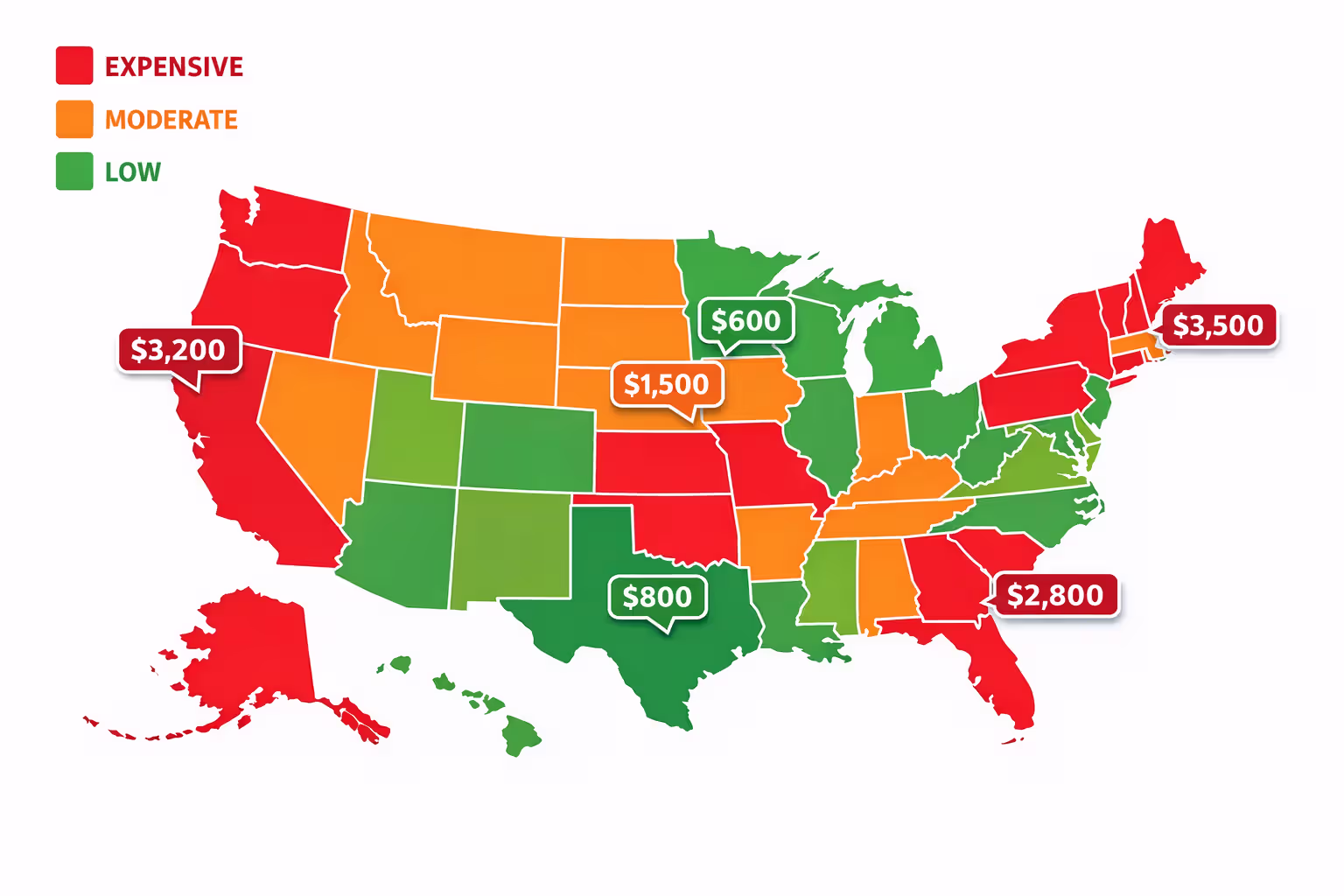Color-coded map of United States showing FAIR Plan insurance pricing variations across different states with dollar amount labels