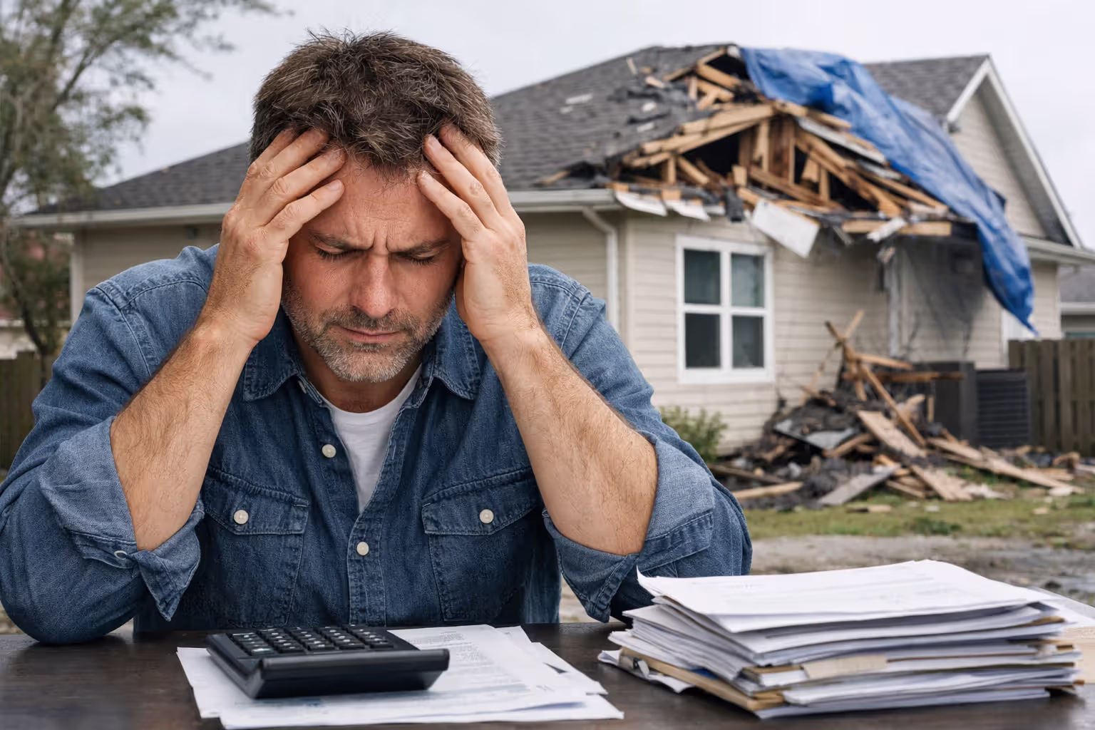 Stressed homeowner reviewing fire insurance policy documents at desk with calculator while storm-damaged house visible through window