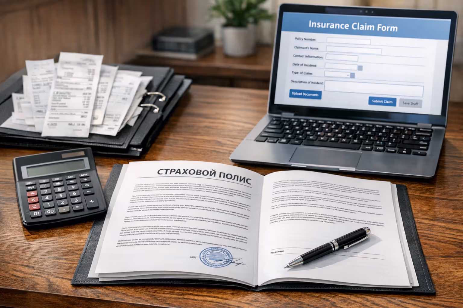 Insurance policy documents, calculator, pen, receipts folder, and laptop with online claim form on home office desk