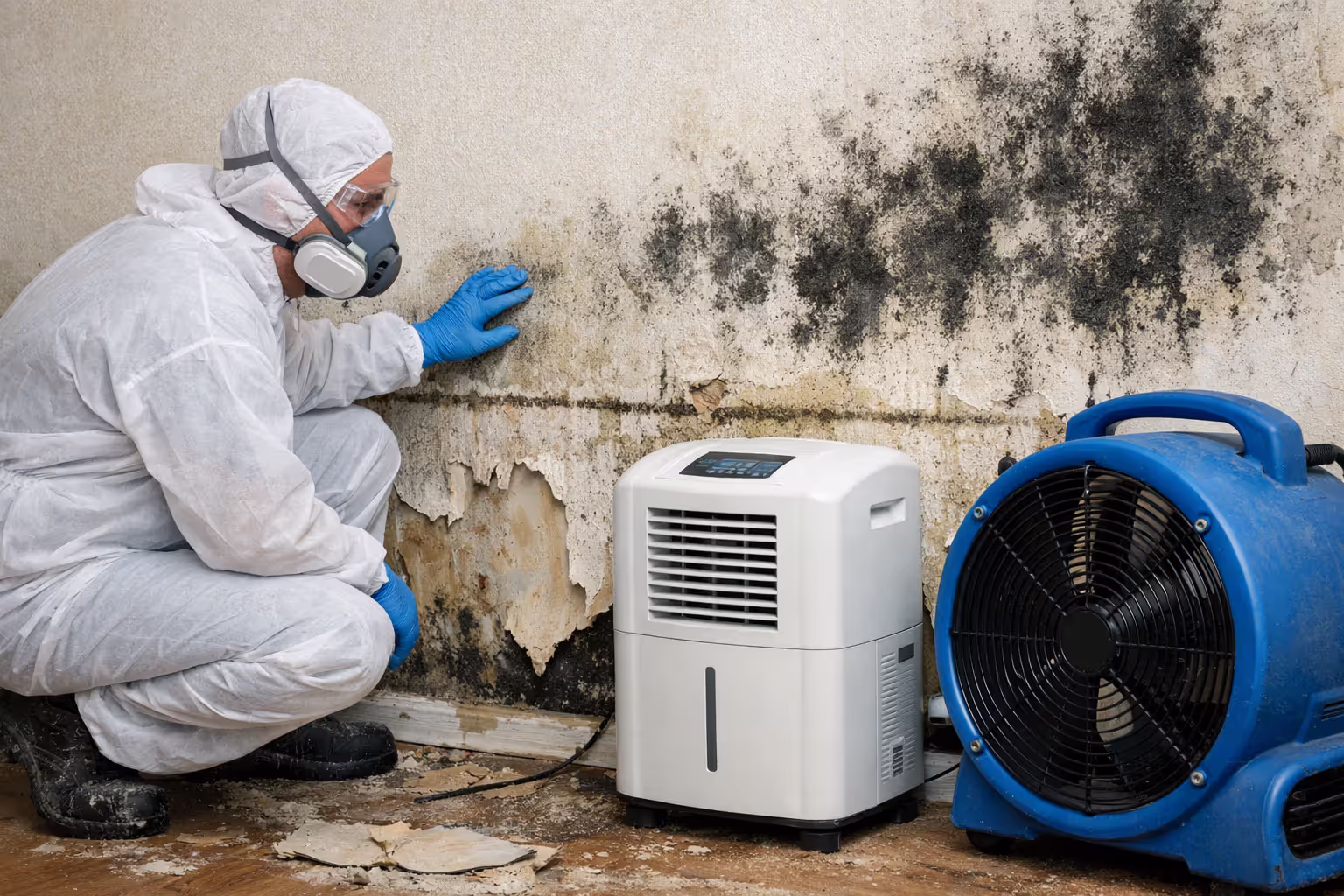 Worker in protective suit and respirator inspecting water-damaged wall with visible mold growth, water line marks, peeling wallpaper, dehumidifier and fan nearby