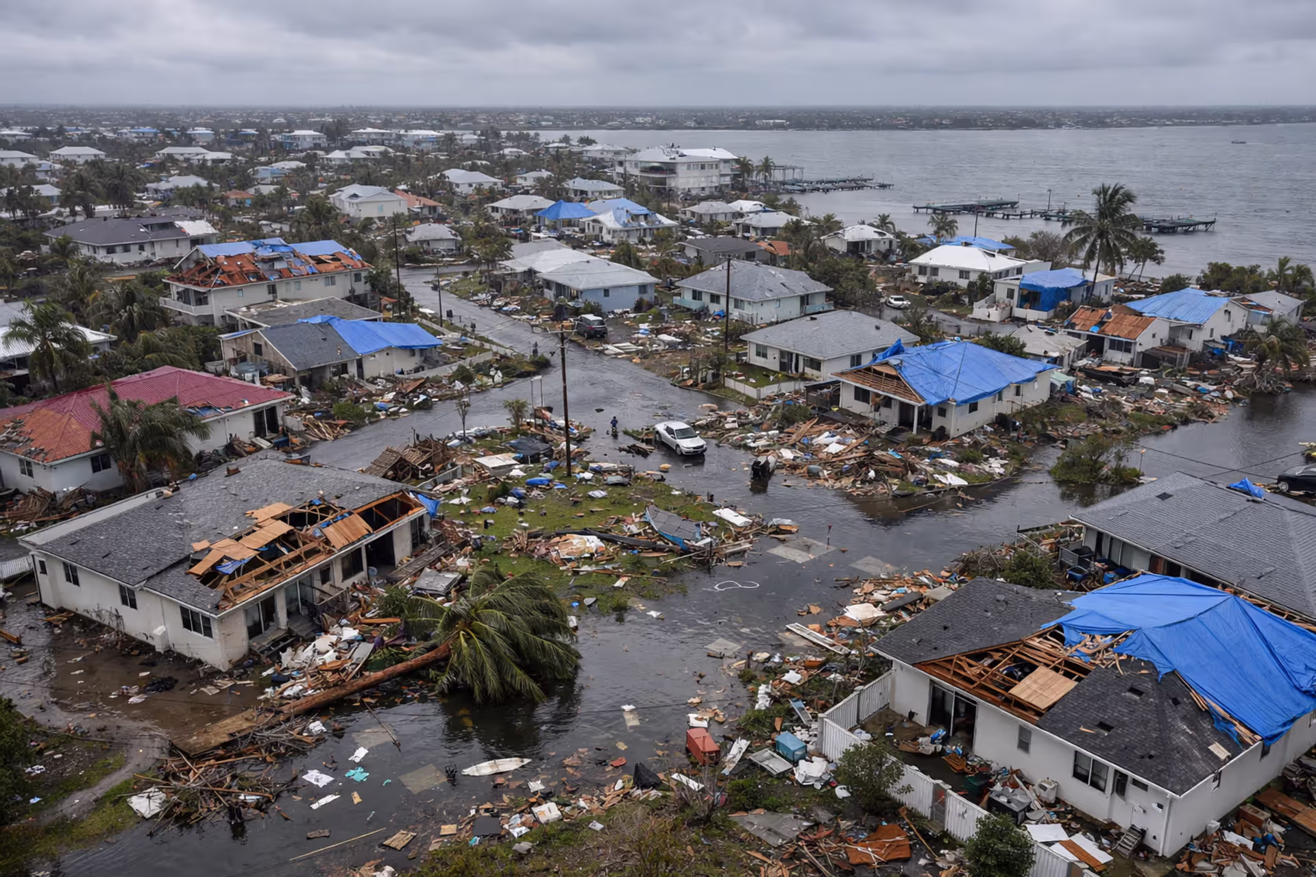 Aerial view of coastal residential neighborhood after hurricane showing damaged roofs, fallen trees, debris on streets, and flooded yards under overcast sky