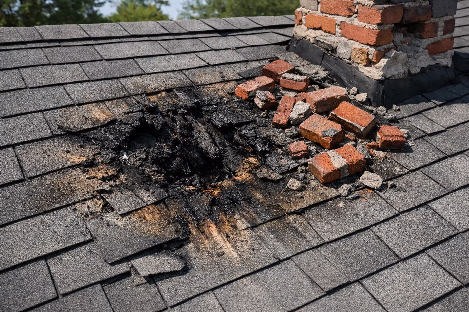 Damaged residential roof showing burn marks and shattered shingles after a lightning strike with broken chimney bricks