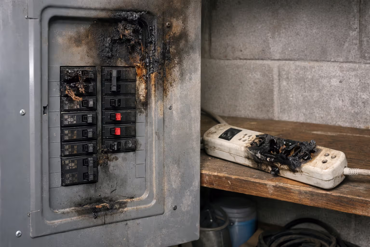 Damaged residential electrical breaker panel with burn marks and tripped circuits after a power surge