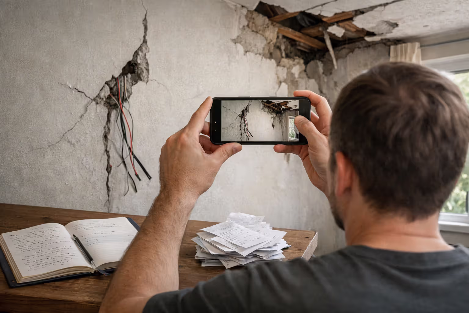 Homeowner photographing interior lightning damage with a smartphone while documenting receipts and notes