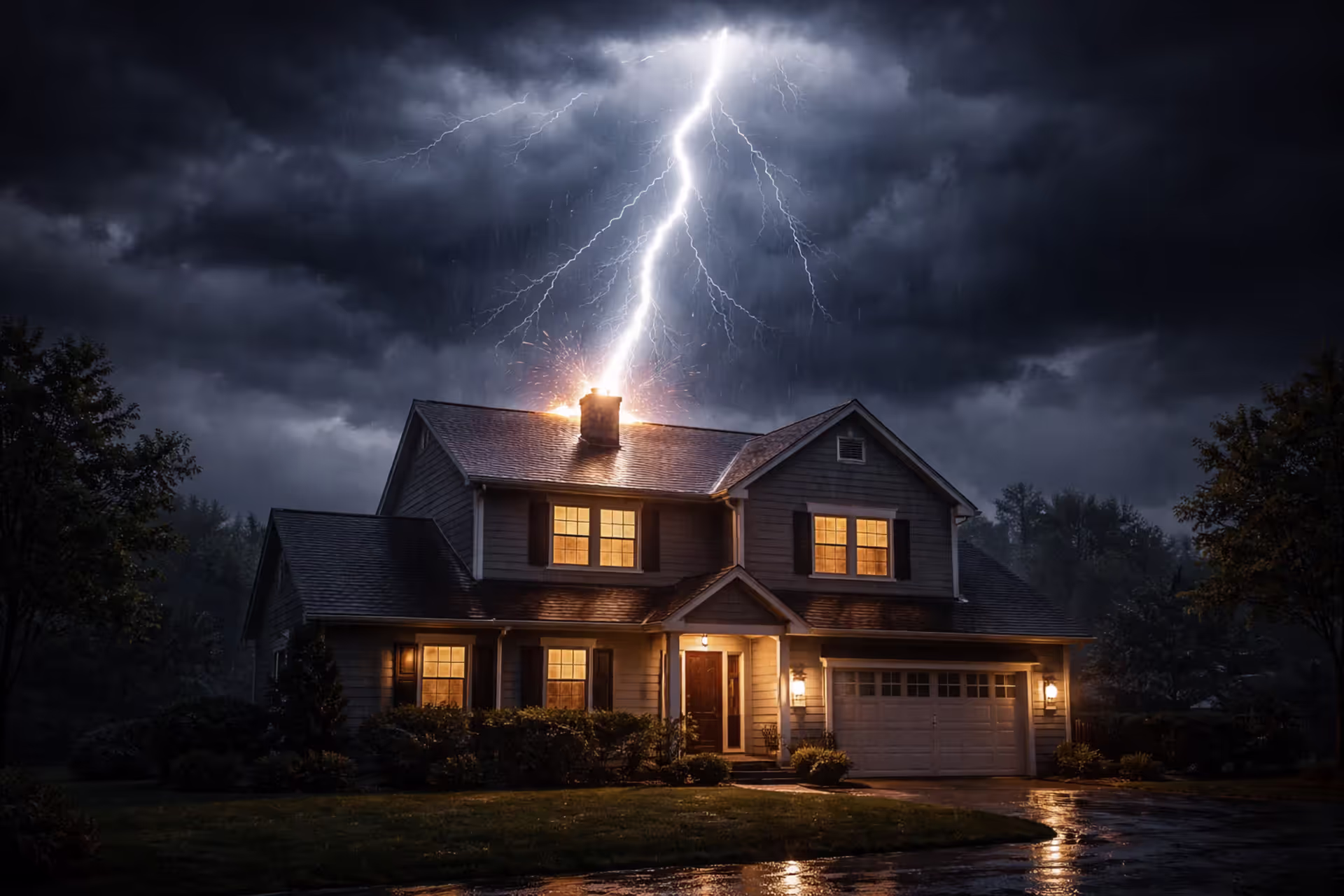 Lightning bolt striking the roof of a suburban American house during a nighttime thunderstorm