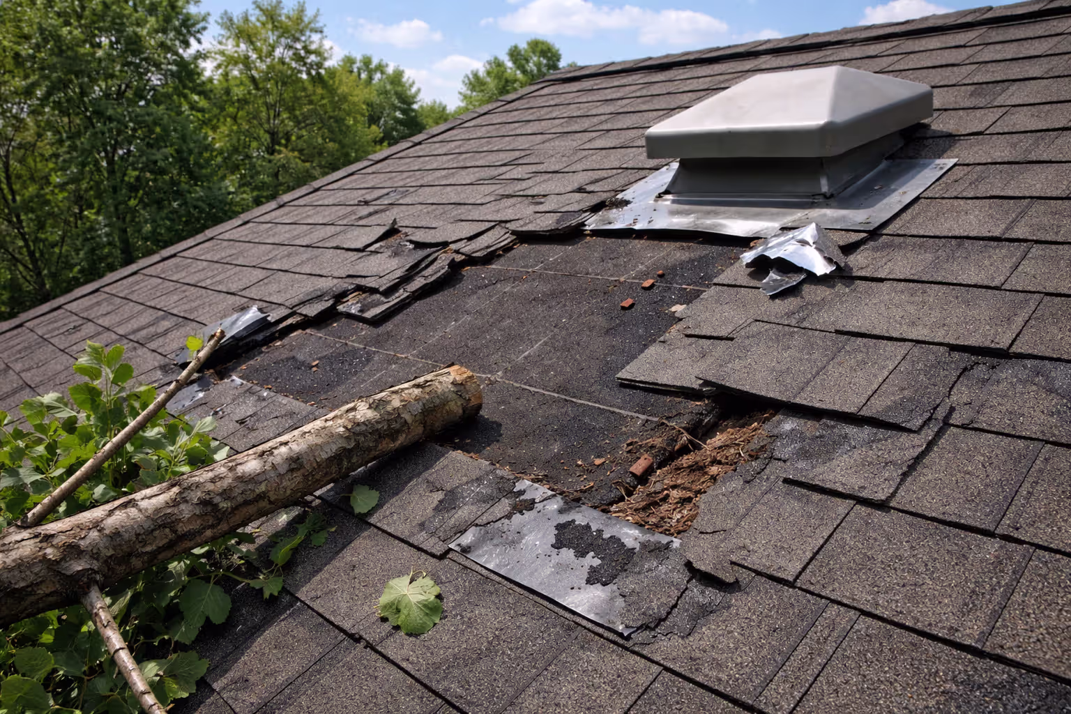Close-up of residential roof with missing shingles and torn flashing caused by wind damage