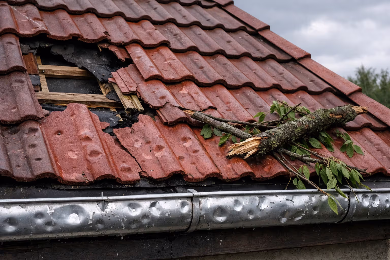 Close-up of residential roof with missing shingles, hail dents on remaining tiles and aluminum gutter, broken tree branch on roof, overcast sky