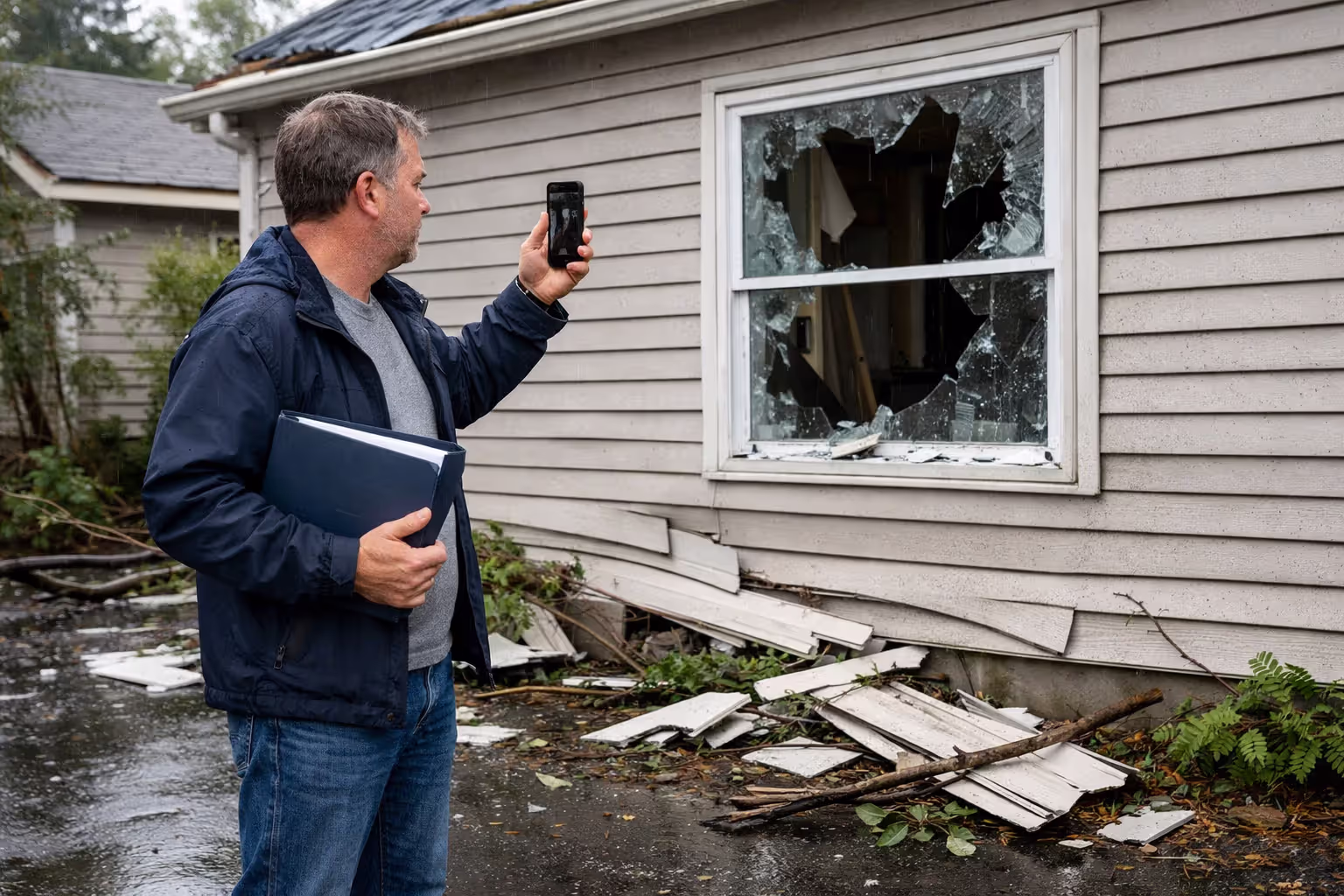 Homeowner photographing storm damage to broken window with smartphone, holding folder with documents, debris scattered on wet ground near damaged house
