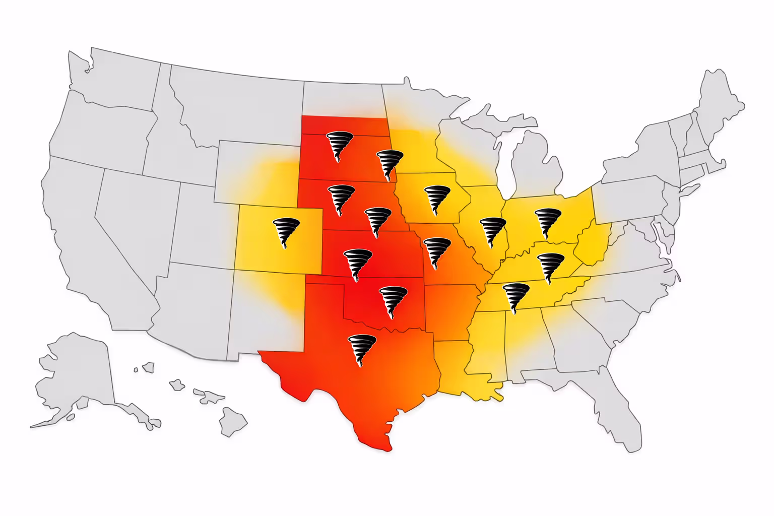 US map highlighting Tornado Alley and high-risk tornado states with color-coded risk zones