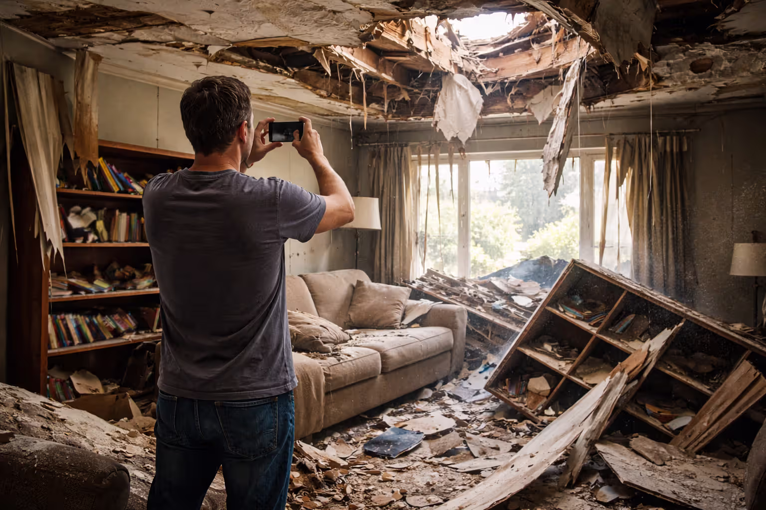 Homeowner using smartphone to photograph tornado damage inside living room with collapsed ceiling and debris