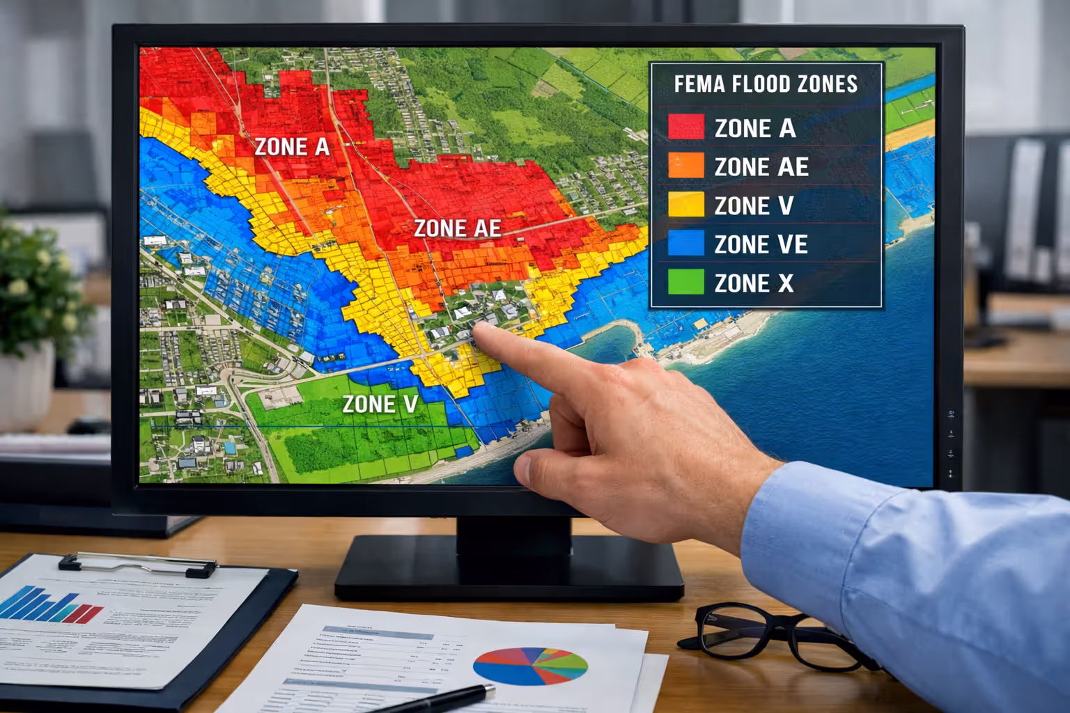 Color-coded FEMA flood zone map on computer screen with hand pointing at property location