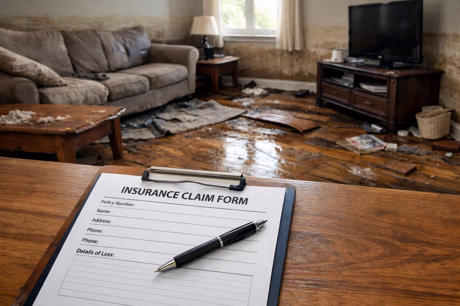 Interior of a flood-damaged living room with visible waterline on walls and warped flooring with insurance claim form on table
