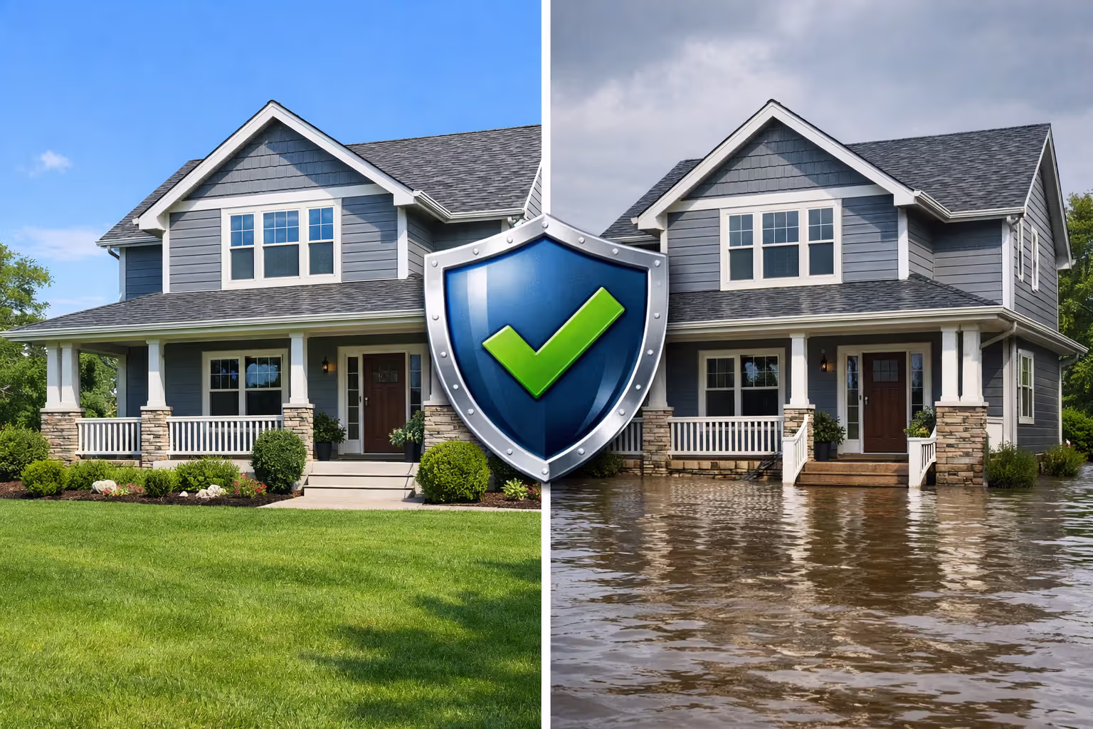 Split comparison of a suburban house in normal conditions versus during flooding with insurance protection shield icon
