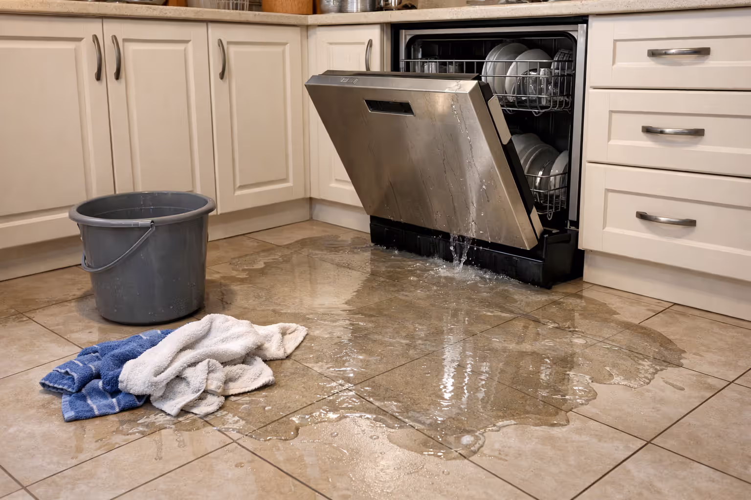 Kitchen interior with water puddle spreading on tile floor from a leaking dishwasher with open door