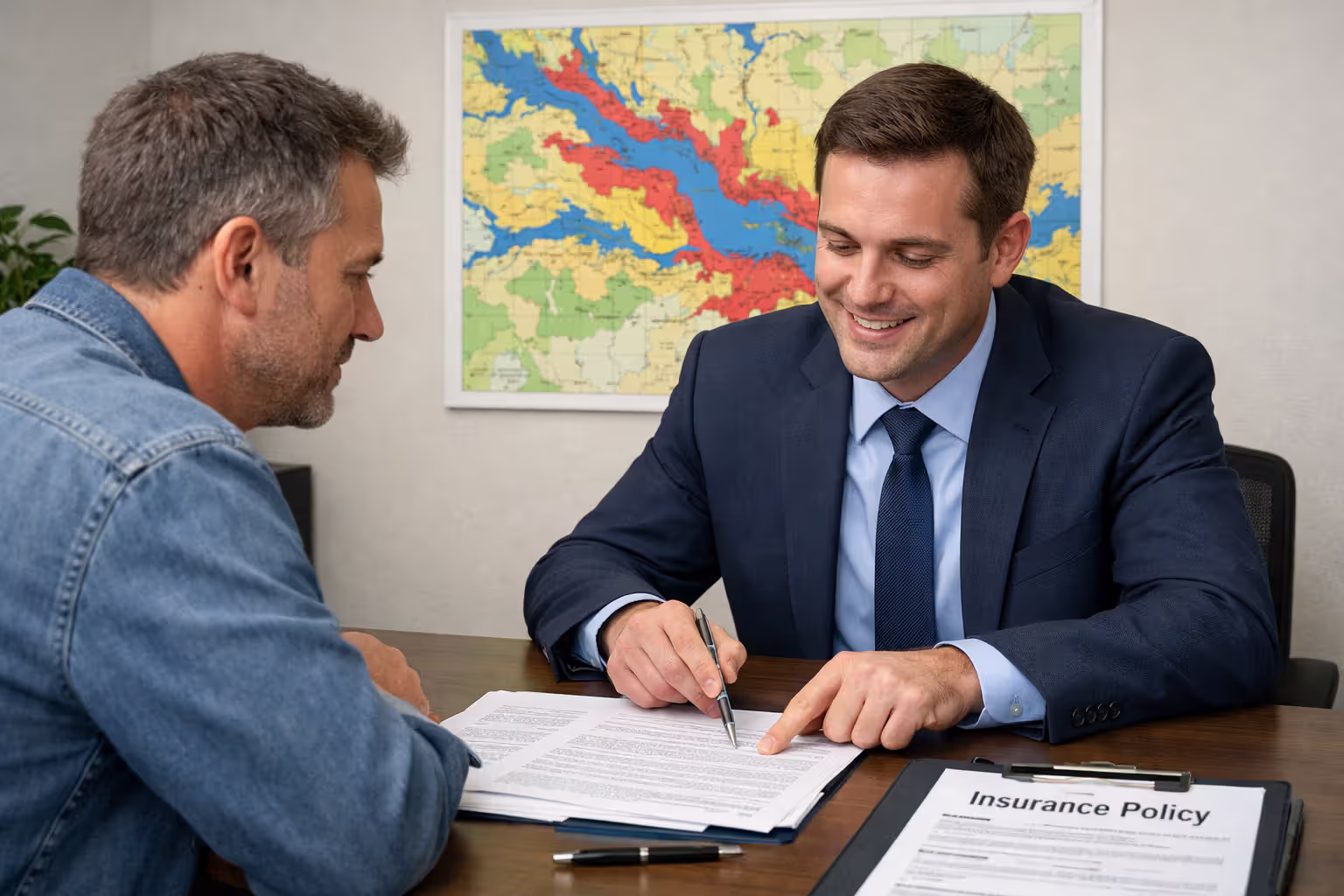 Homeowner sitting across from insurance agent at desk reviewing flood insurance policy documents with flood zone map on wall