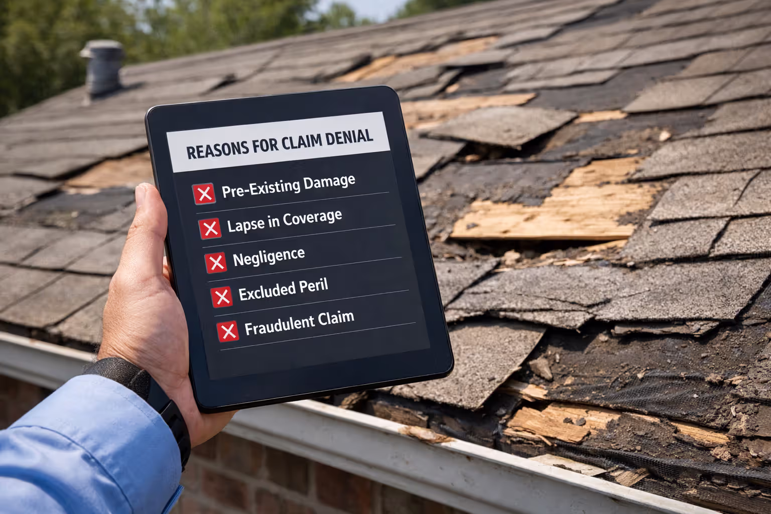 Insurance adjuster holding clipboard with claim denial checklist in front of a damaged aged roof with missing shingles and visible deterioration