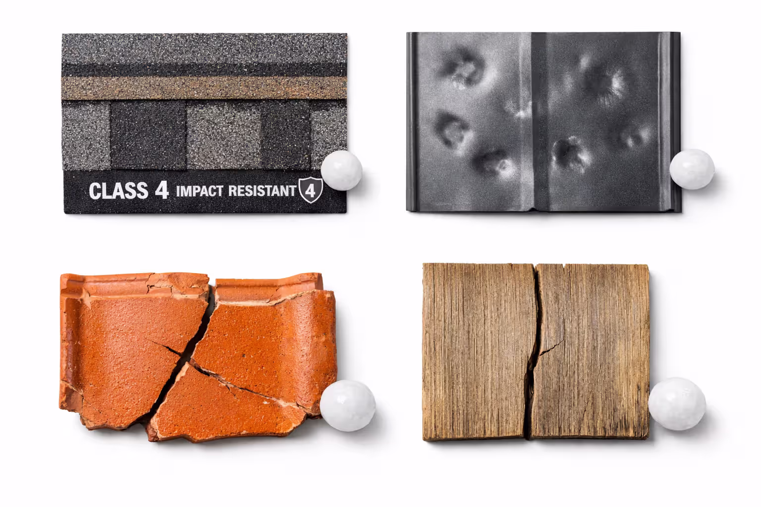 Four roofing material samples on a table showing Class 4 impact-resistant asphalt shingle dented metal panel cracked clay tile and split wood shake with hailstones for scale