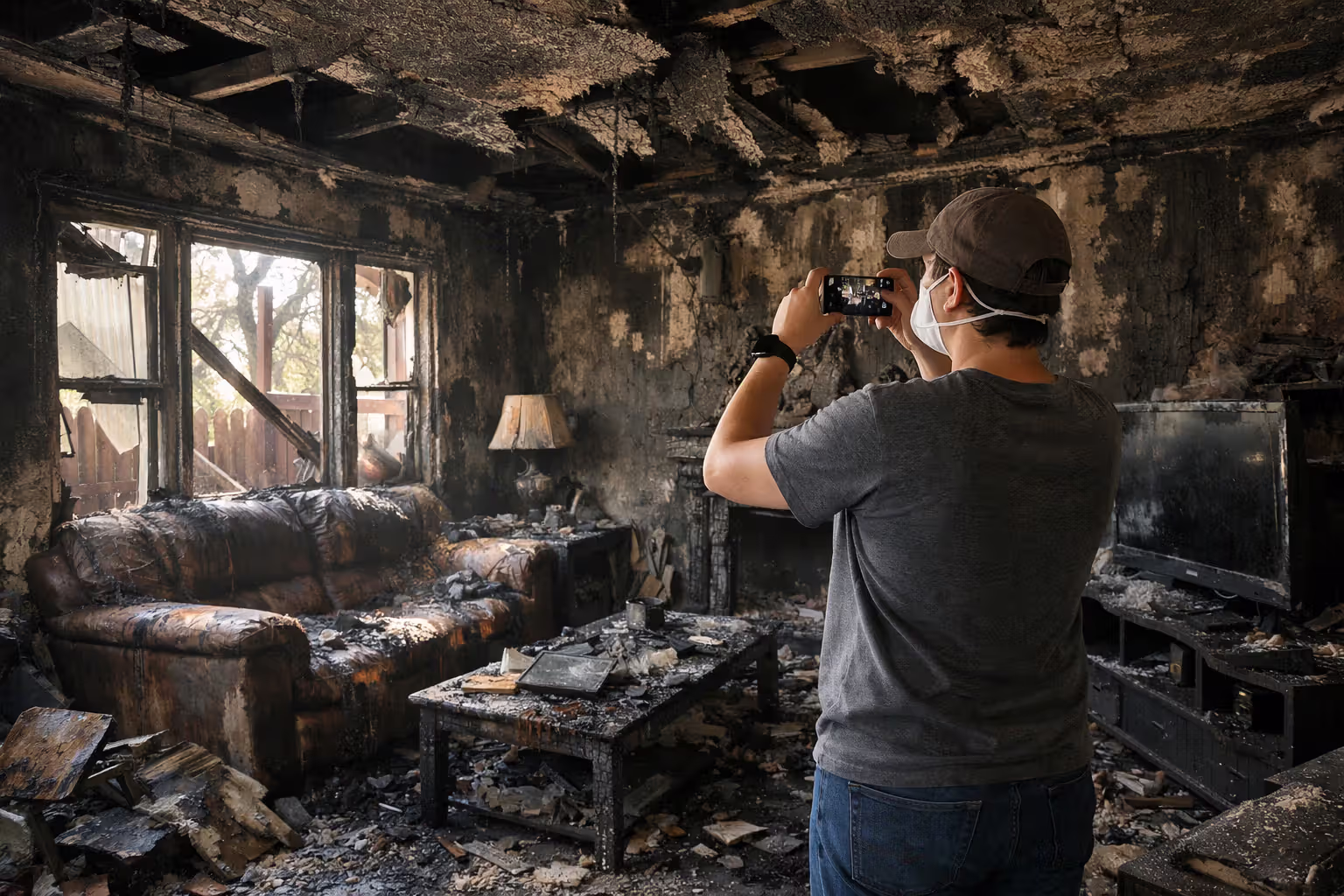 Homeowner photographing fire damage in living room with smartphone for insurance documentation