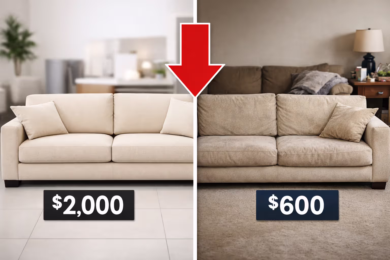 Split comparison showing new couch at full replacement cost versus same worn couch at depreciated actual cash value